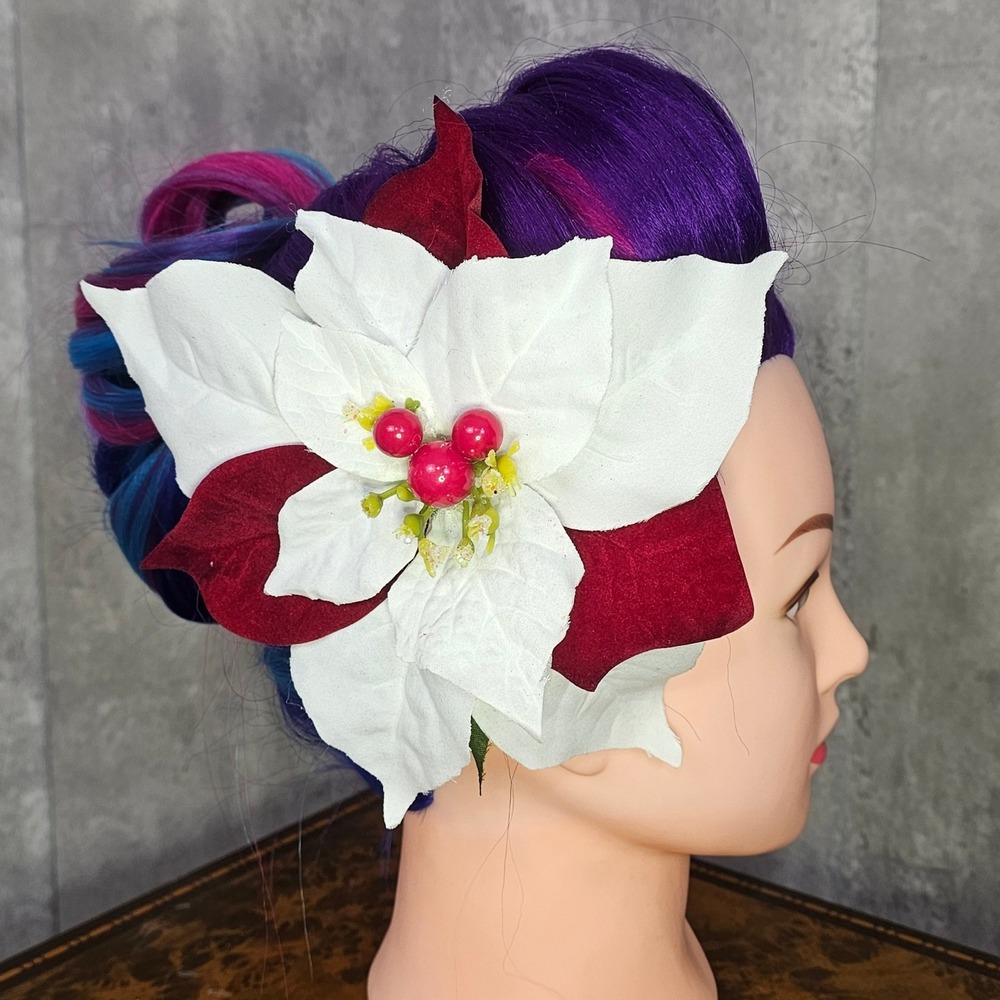 Handmade Holiday Poinsettia Hair Flower Clip White Red Berries Christmas Pinup